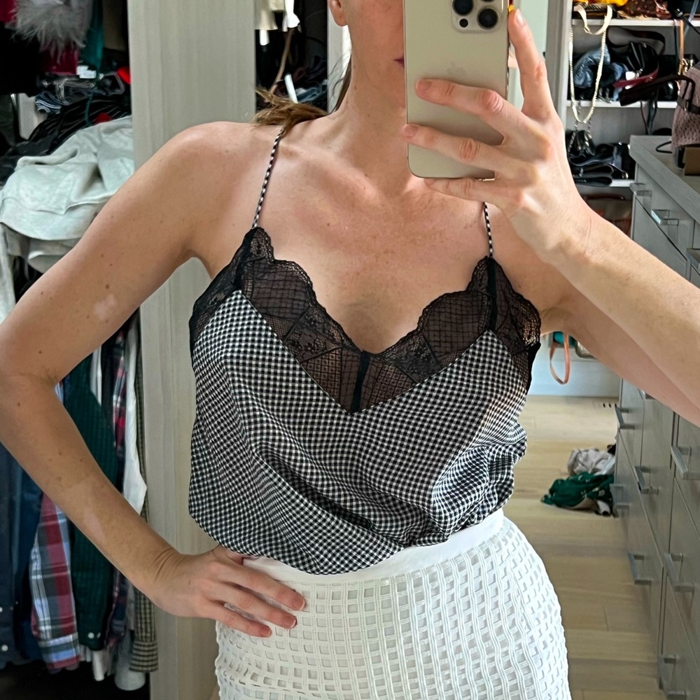 Checkered and lace spaghetti strap top